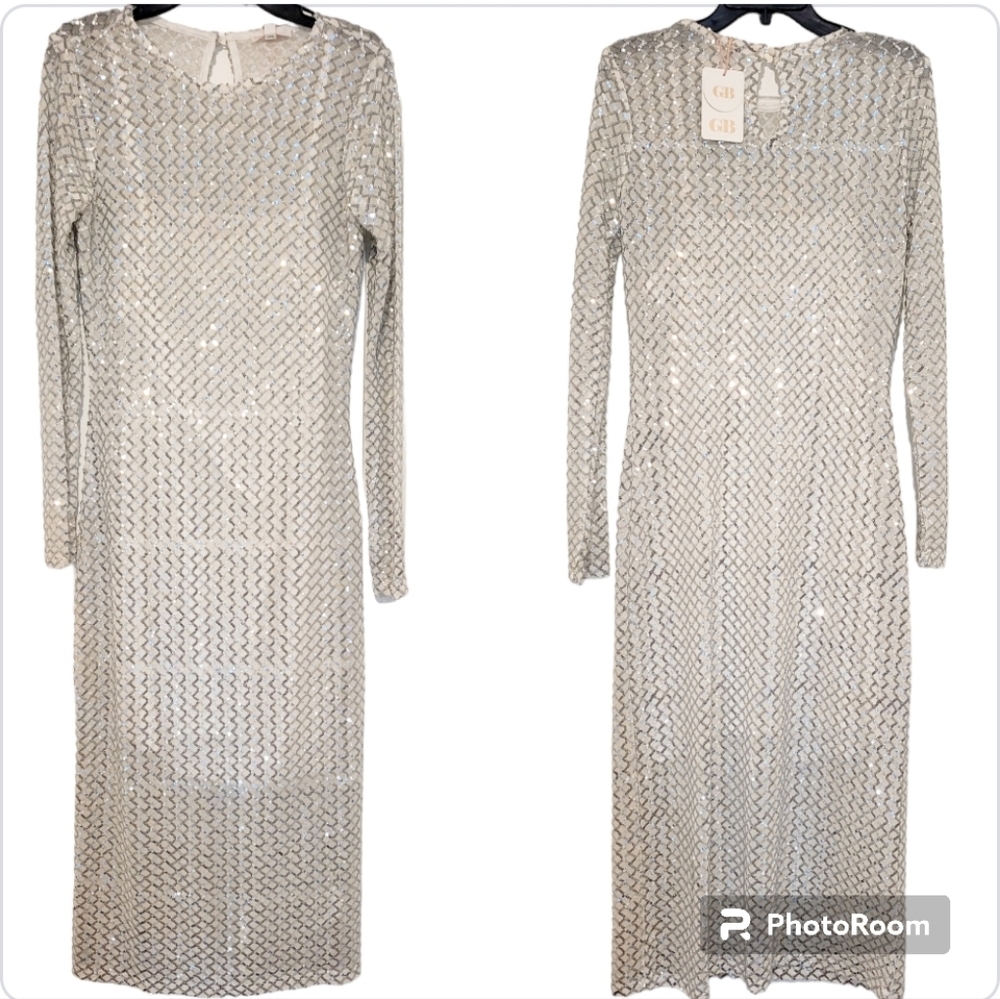 Gianni Bini Silver Sequin Mesh Lattice Long Sleeve Midi Dress Size L NWT - Picture 4 of 12
